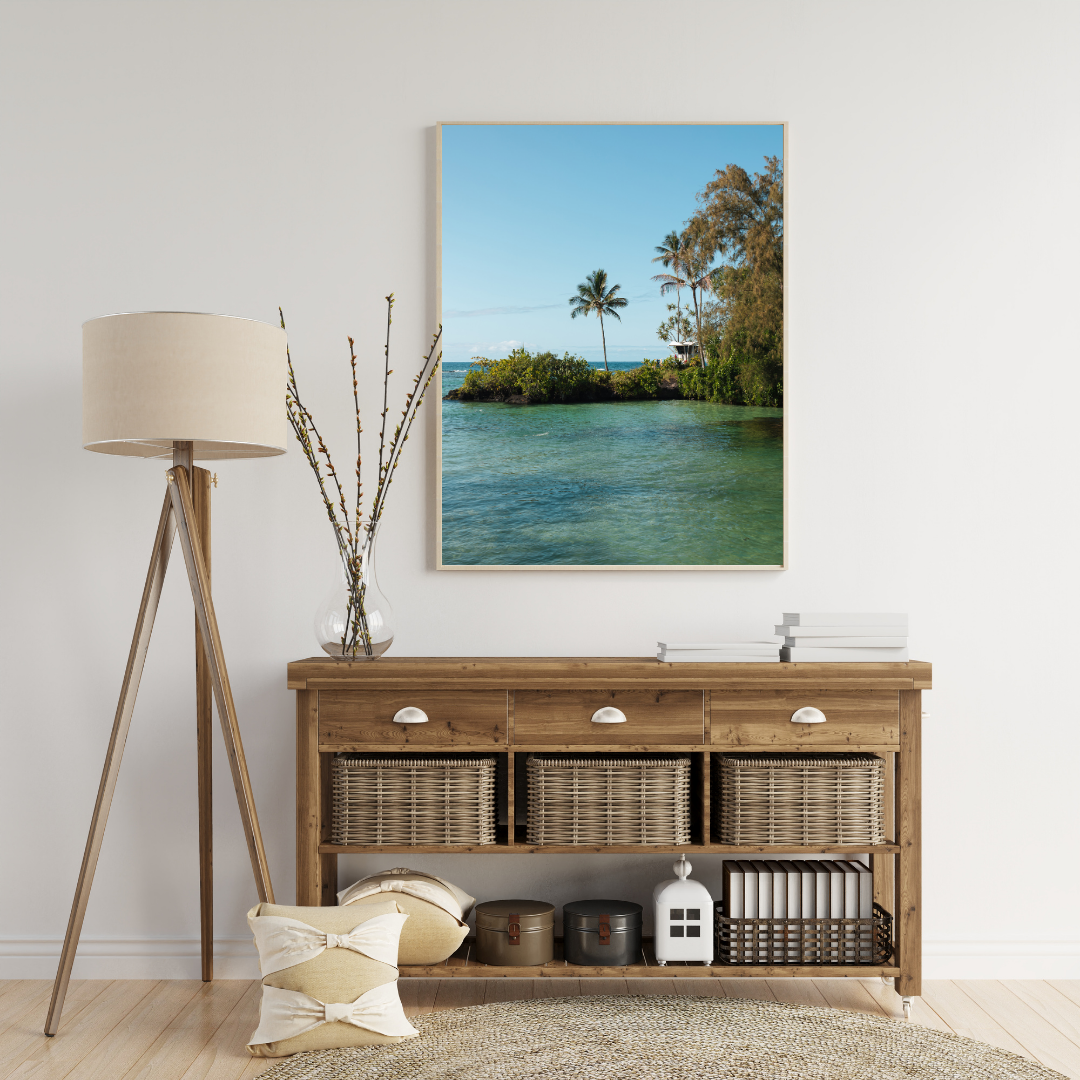 oasis tropicale avec support à affiche en bois