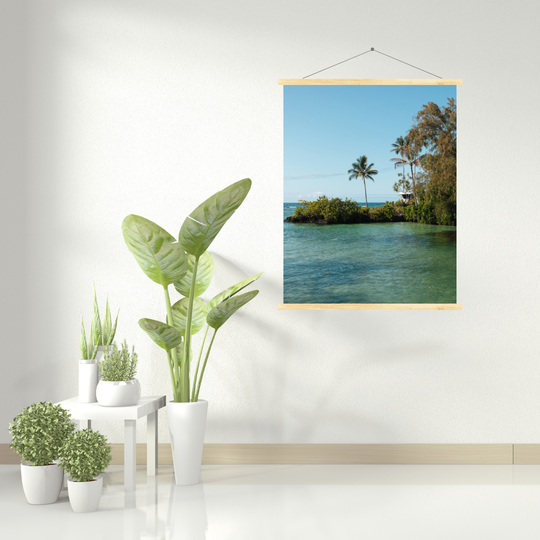 oasis tropicale avec support à affiche en bois